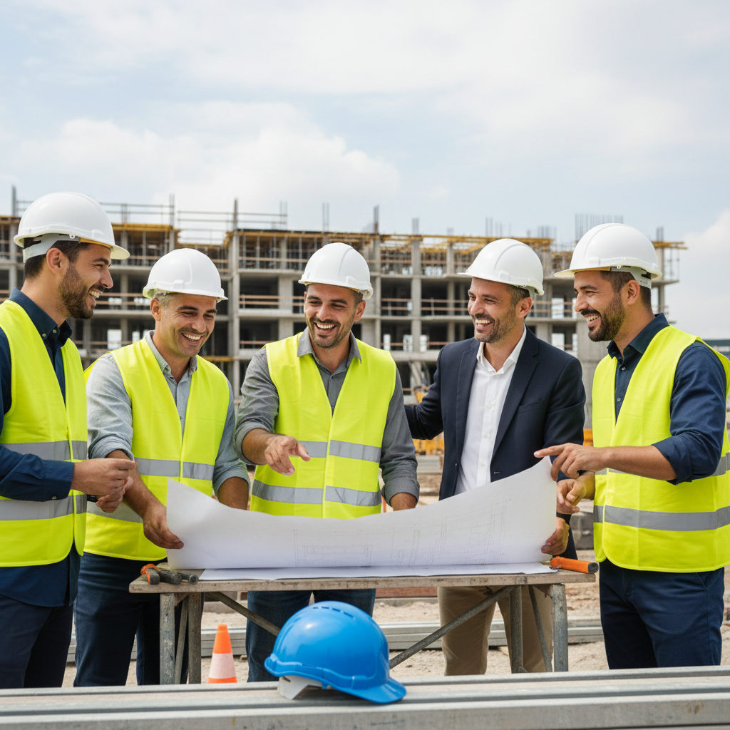 Une équipe de travailleurs roumains et de managers français collaborant sur un chantier avec le sourire, illustrant la communication interculturelle équipes roumaines.