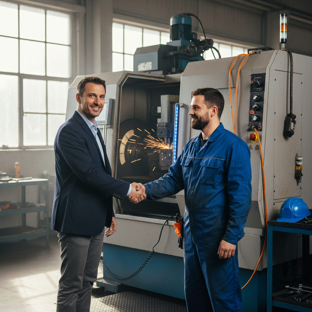Manager français félicitant un ouvrier roumain devant une machine industrielle, soulignant le respect et la communication réussie.