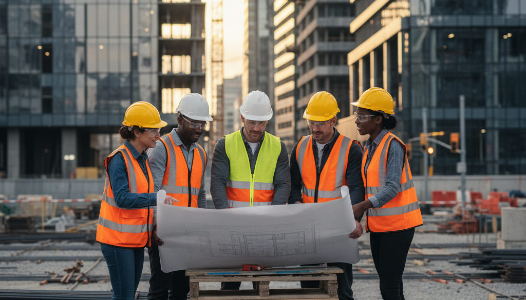 bien-être travailleurs détachés – Des ouvriers divers sur un chantier moderne discutent d