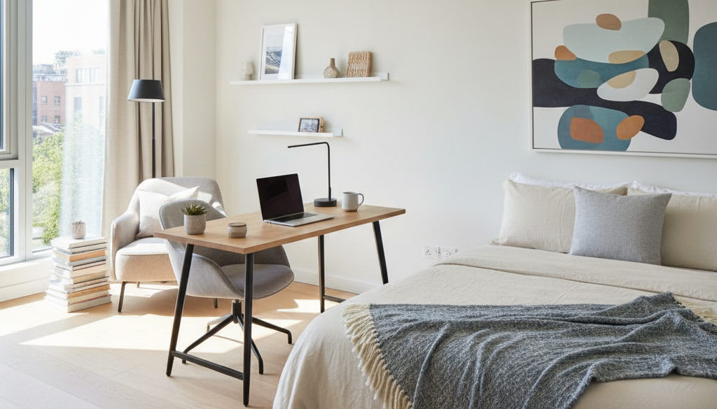 Studio résidentiel propre et lumineux pour travailleurs, avec bureau et lit.
