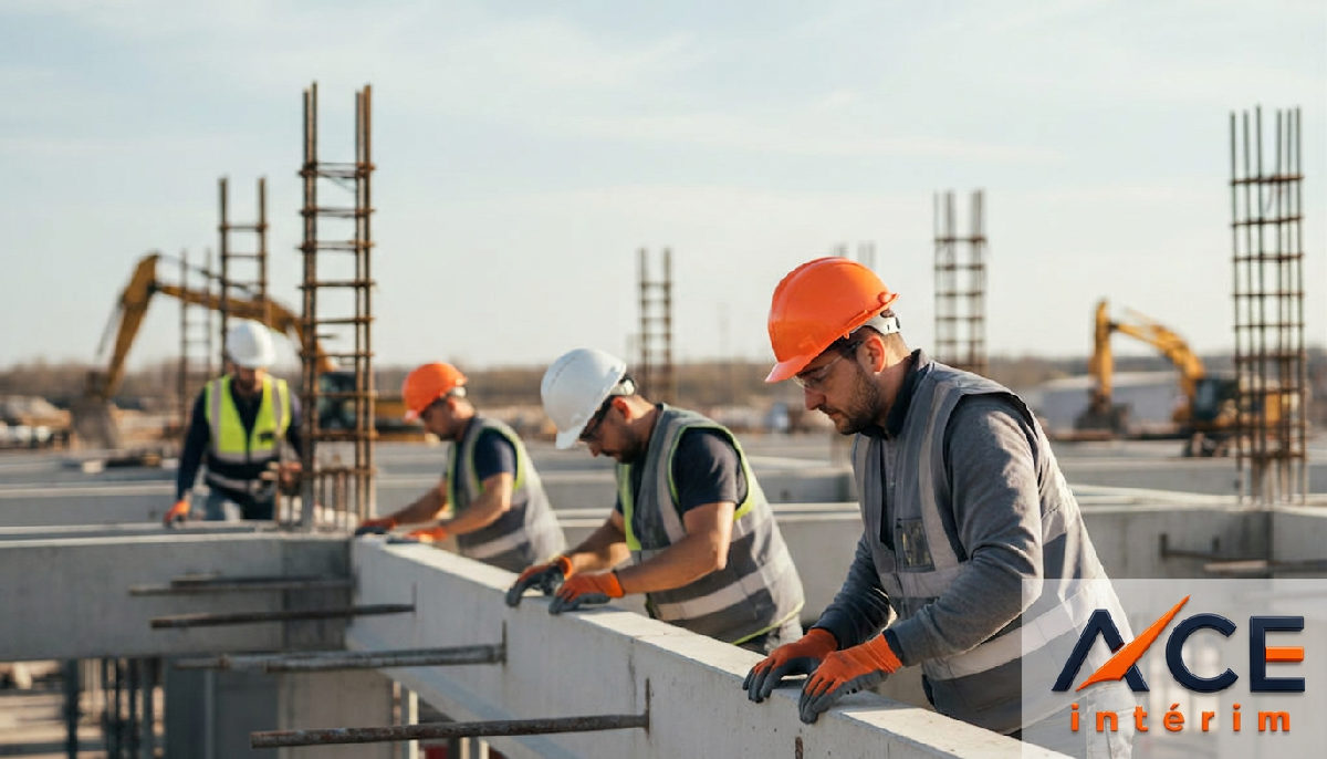 agence recrutement roumanie - Ouvriers qualifiés sur un chantier de construction moderne.