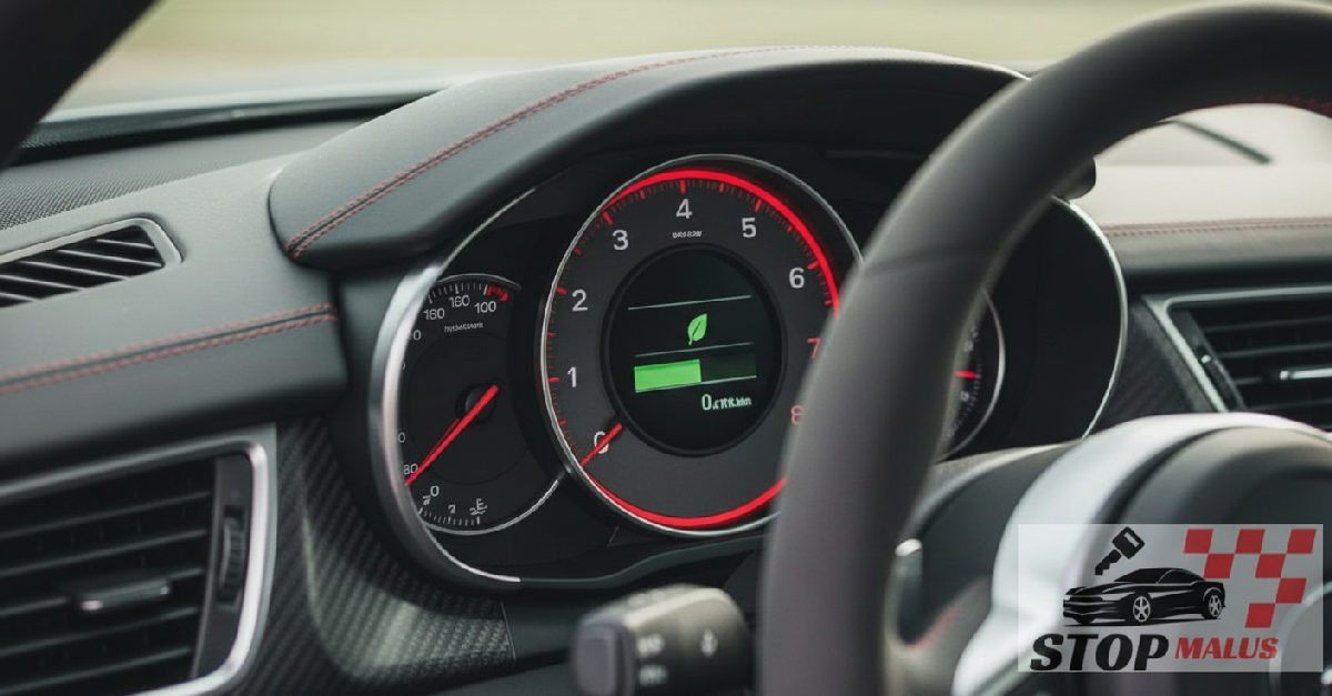 Compteur de voiture affichant une faible consommation.