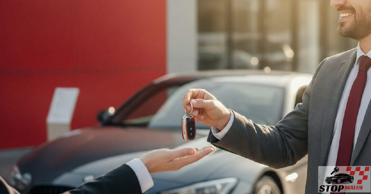 Propriétaire souriant recevant les clés de sa voiture.