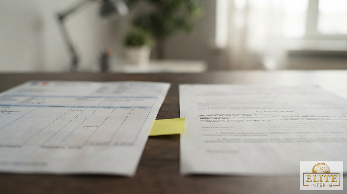 Gros plan d'un bulletin de paie français et d'un contrat bulgare.