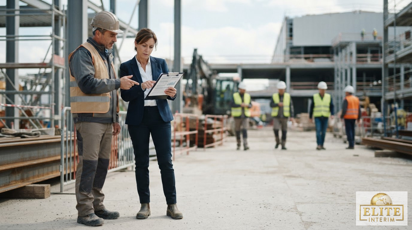 Un inspecteur du travail vérifiant des documents sur un site industriel.