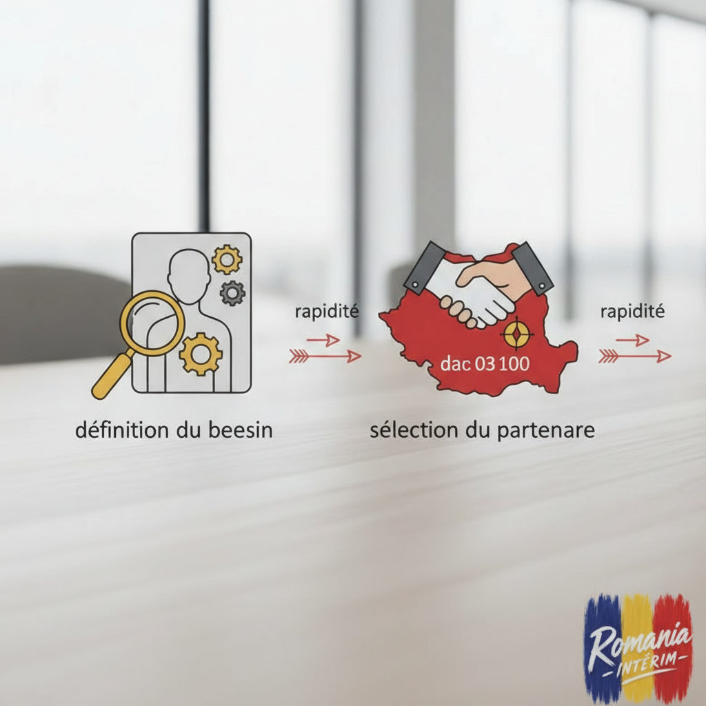 Flux de travail en trois étapes : besoin, partenaire, communication, avec icônes de rapidité.