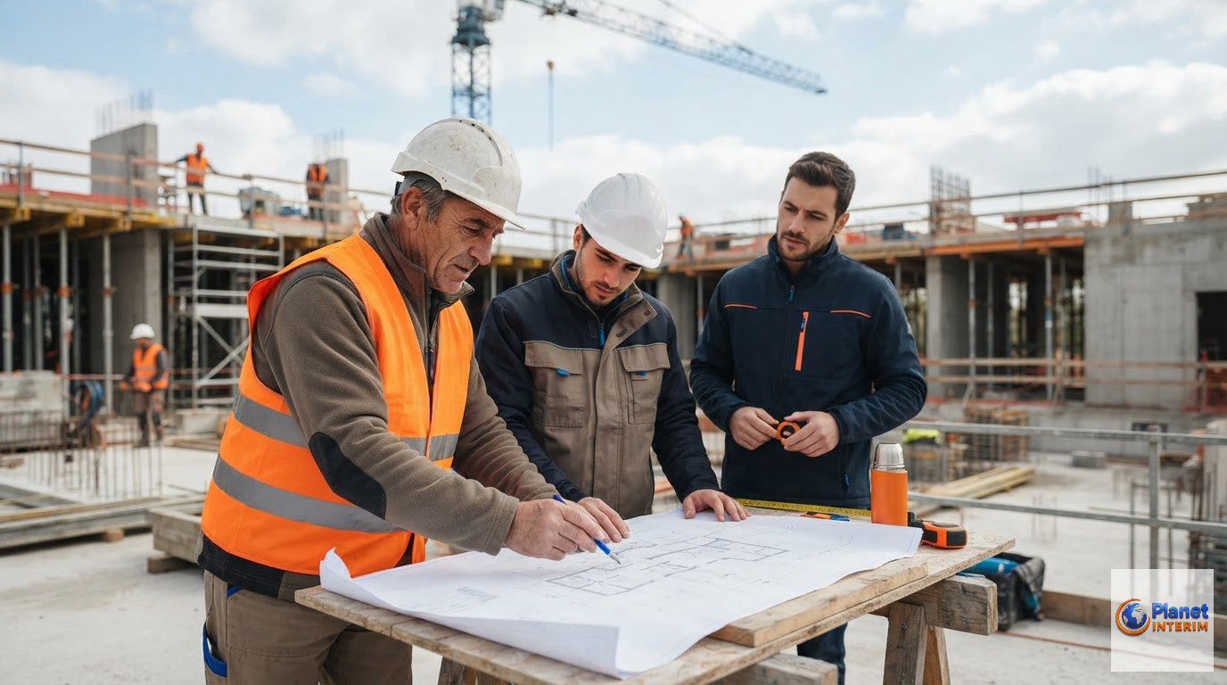 démarches intérim roumanie france - Ouvriers du BTP étudiant un plan sur un chantier en France.