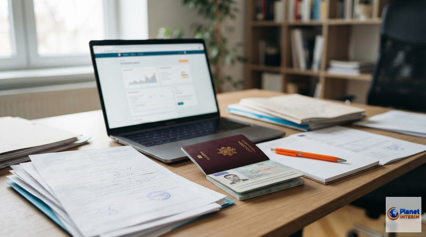 Documents administratifs et ordinateur pour la gestion du détachement de travailleurs.