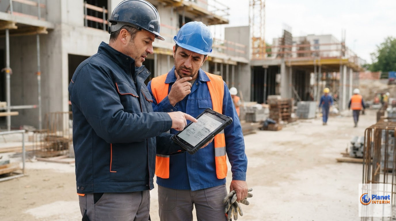 Chef de chantier expliquant des instructions sur tablette à un ouvrier.