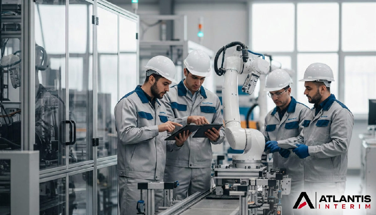 Ingénieurs et techniciens dans une usine high-tech, symboles de productivité.