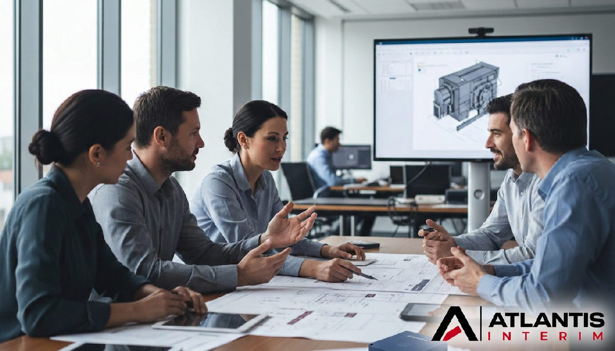 Réunion de projet industriel où des experts résolvent des problèmes techniques.