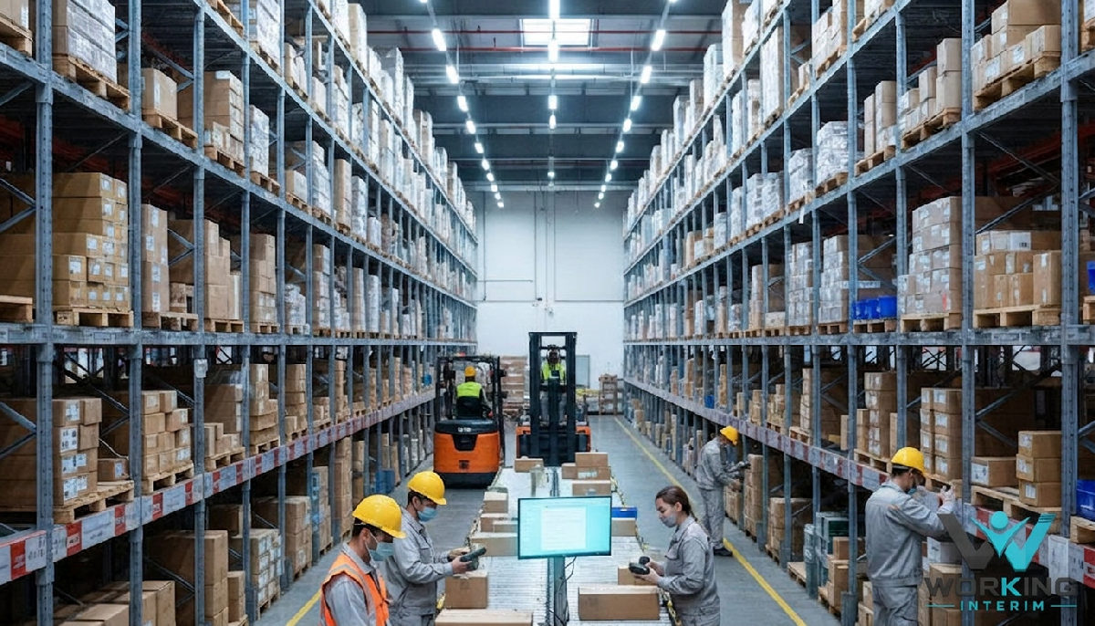 Entrepôt logistique organisé avec des intérimaires concentrés.