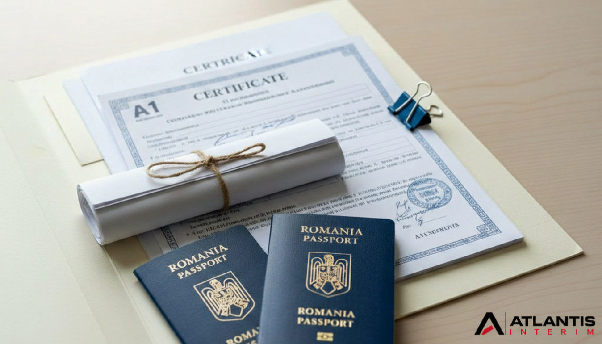 Dossier administratif avec contrats et passeports roumains pour conformité.