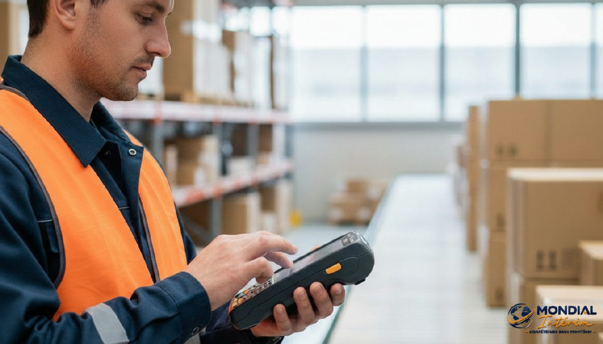 Intérimaire roumain précis préparant une commande en centre logistique.