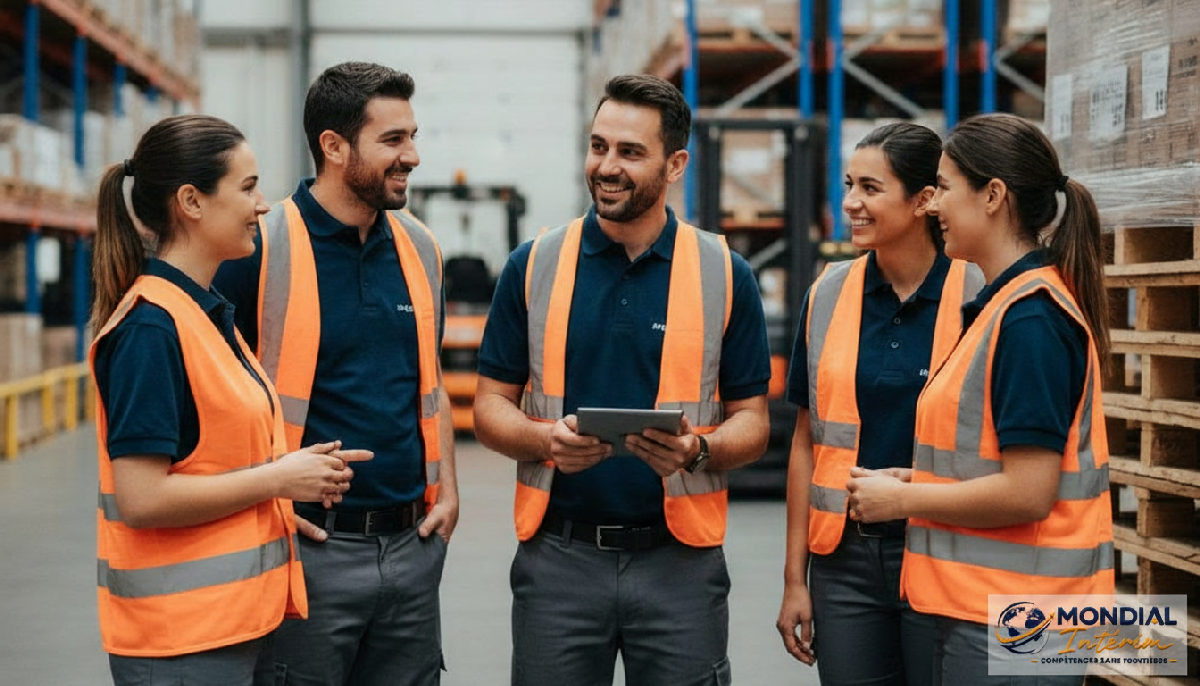 Logisticiens français et roumains collaborant en équipe souriante.