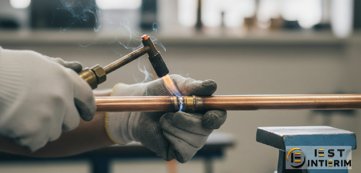Gros plan sur une soudure de tuyau en cuivre par un plombier.