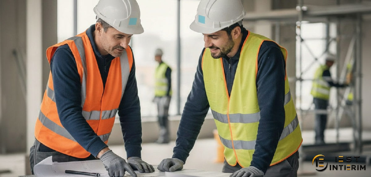 Collaboration entre chef de chantier et plombier roumain sur un plan.