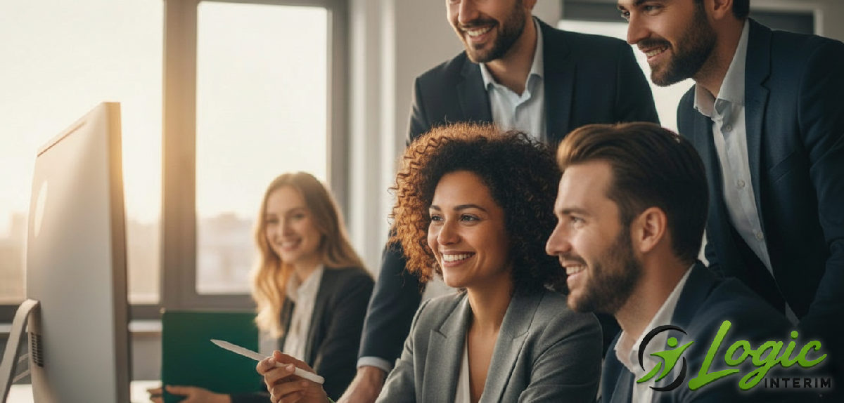 Des consultants de Logic Interim souriants travaillant dans un bureau moderne.