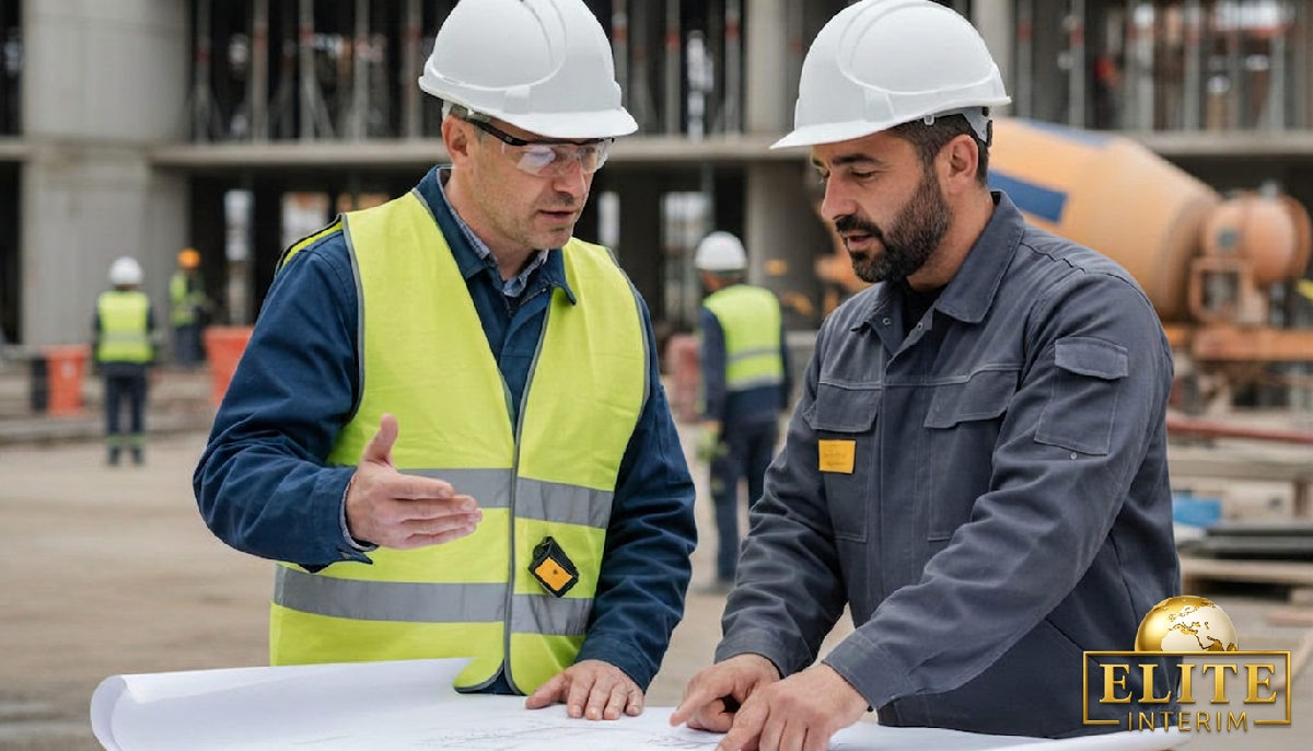 Chef de chantier et maçon devant des plans techniques.