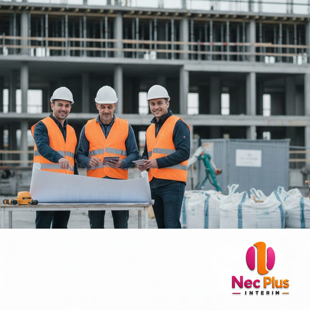 recrutement personnel roumain à distance - Ouvriers roumains qualifiés sur un chantier moderne en France.