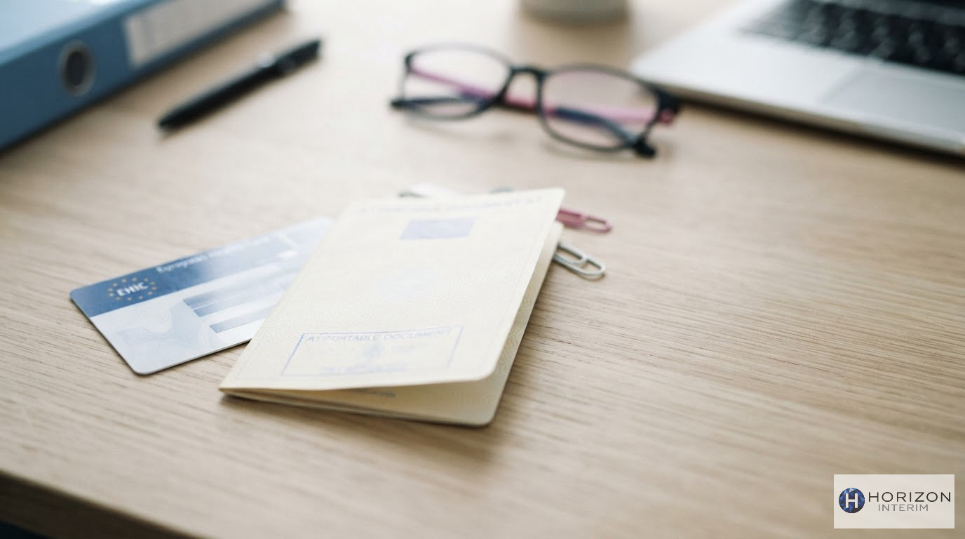 Carte européenne d'assurance maladie et certificat A1 posés sur un bureau.