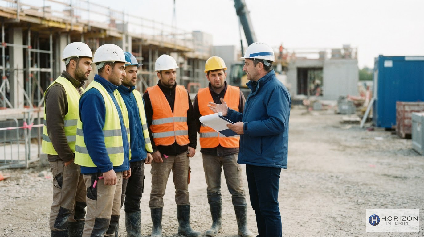 Ouvriers en tenue de sécurité écoutant un briefing sur un chantier français.