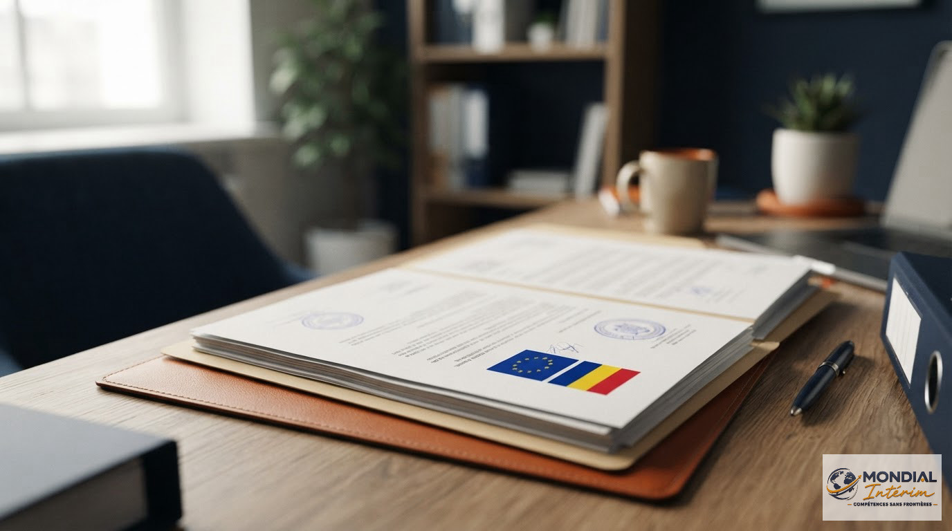 Documents administratifs et drapeaux pour le détachement de personnel roumain.
