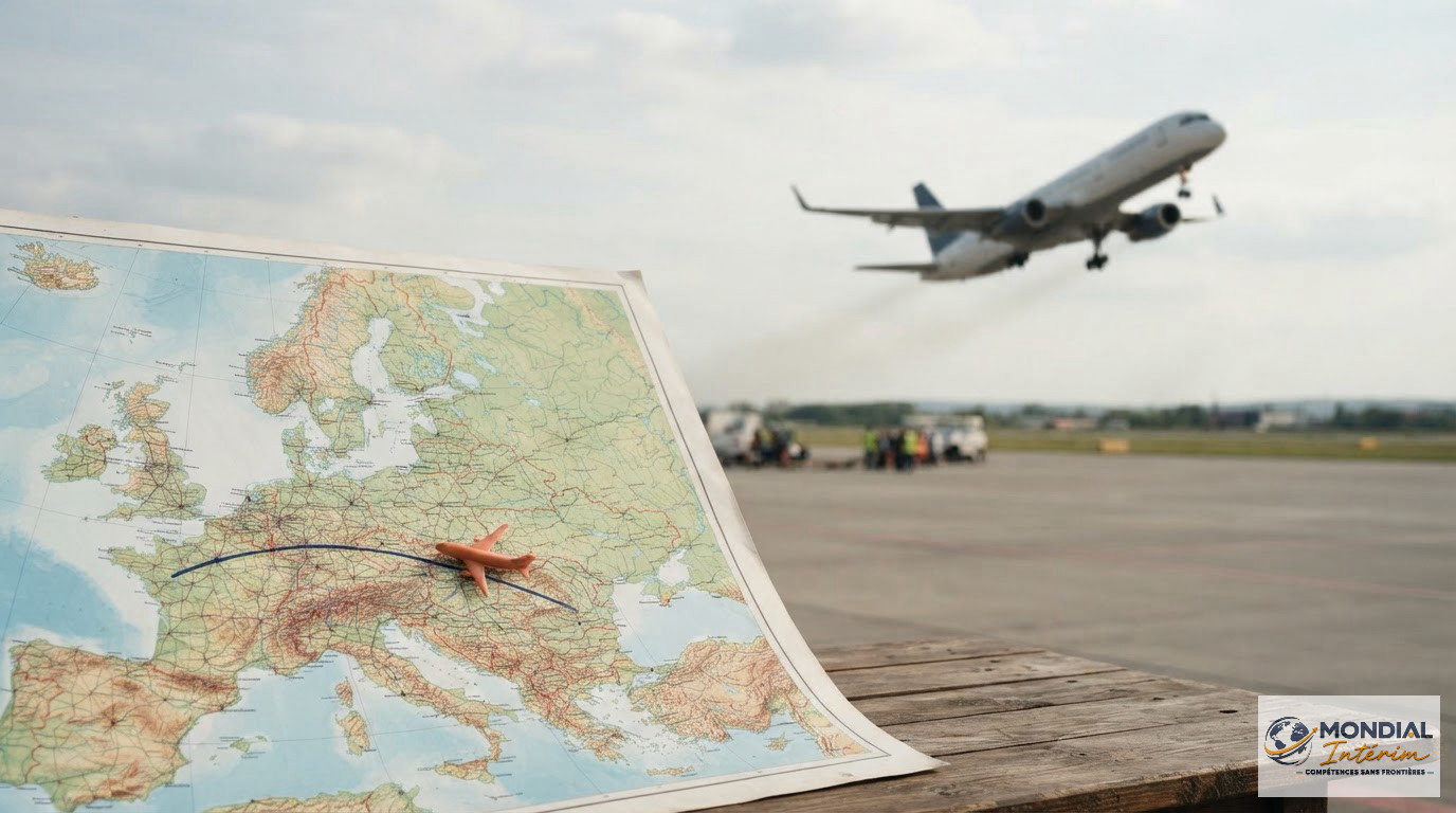 Un avion reliant la Roumanie à la France illustrant la mobilité professionnelle.