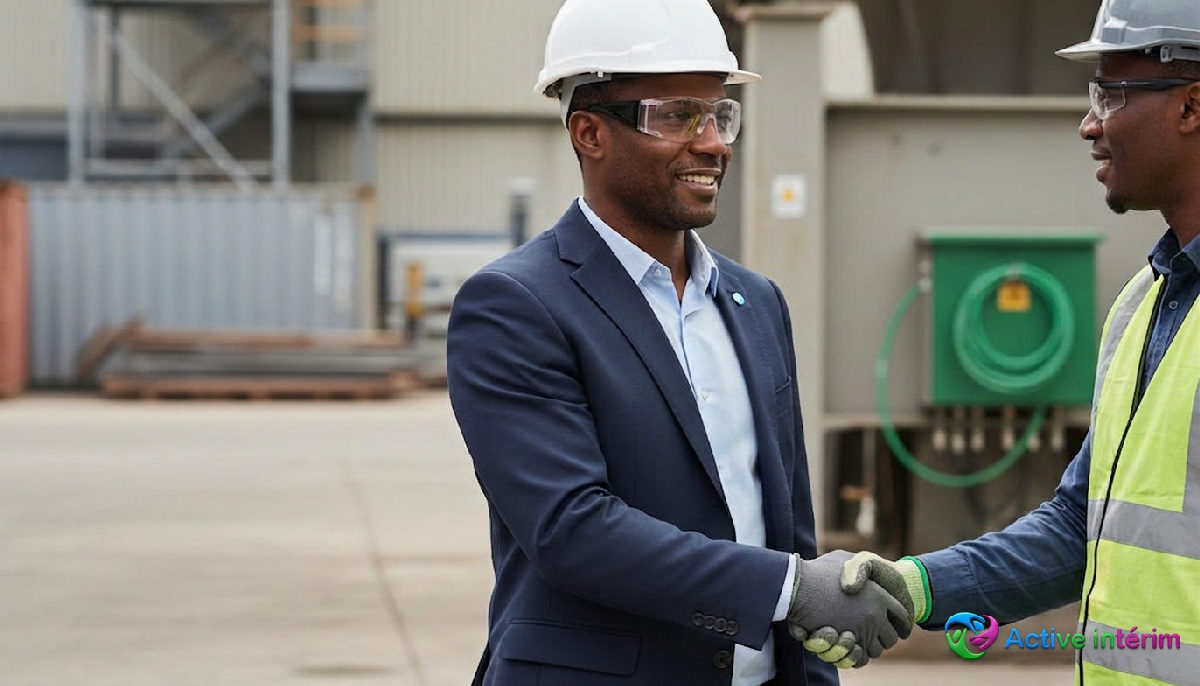 Poignée de main sur site industriel : partenariat franco-international réussi.