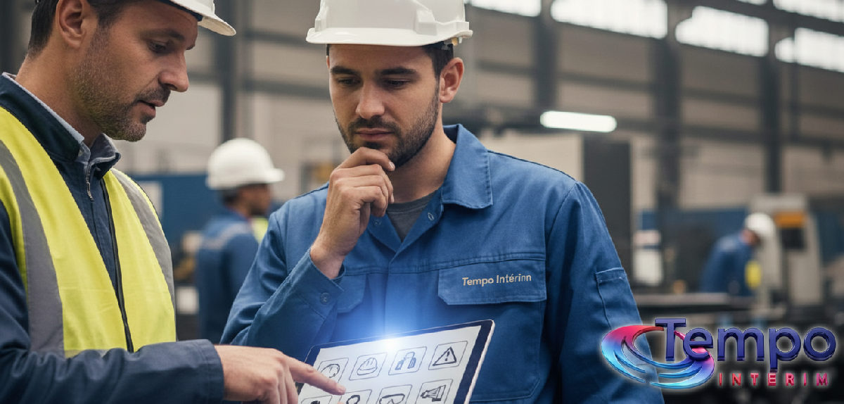 Manager expliquant des consignes à un ouvrier sur un site industriel.