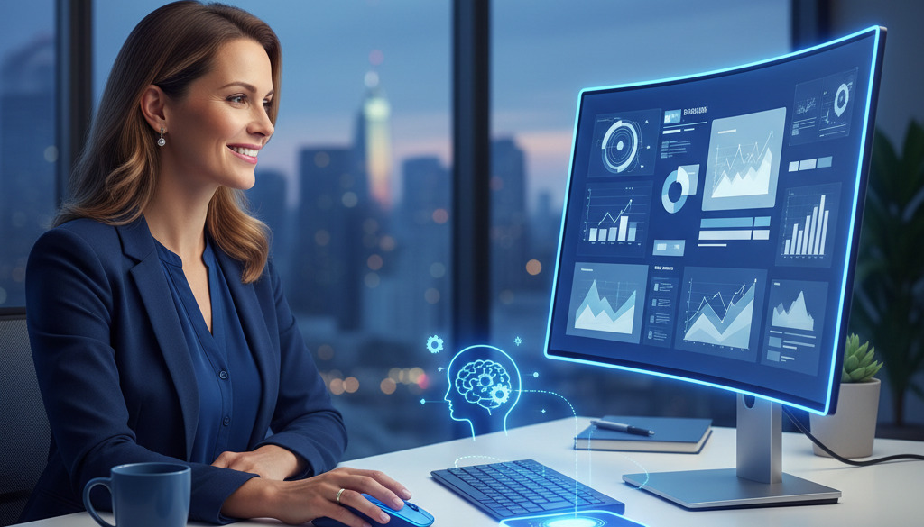 Small business owner pleased with AI-generated content on screen.