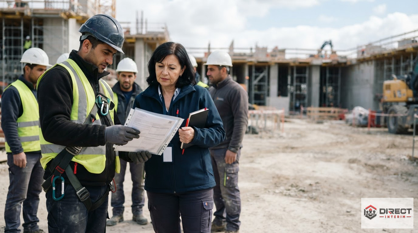 Un inspecteur contrôlant les documents légaux d'ouvriers roumains sur un chantier de construction.