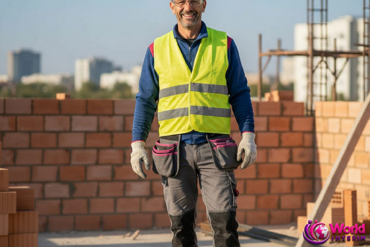 Artisan souriant sur un chantier, portant casque et équipement de sécurité.