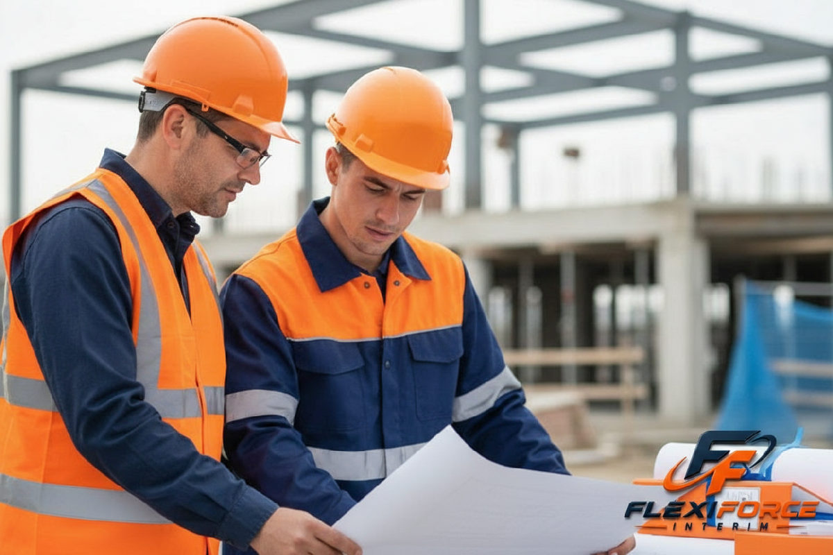 Chef de chantier belge expliquant les plans à un ouvrier roumain.