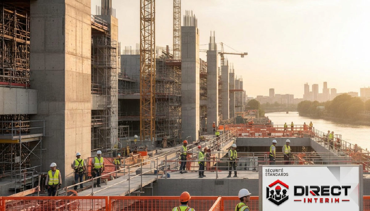 Chantier de construction en France, respectant les normes de sécurité.