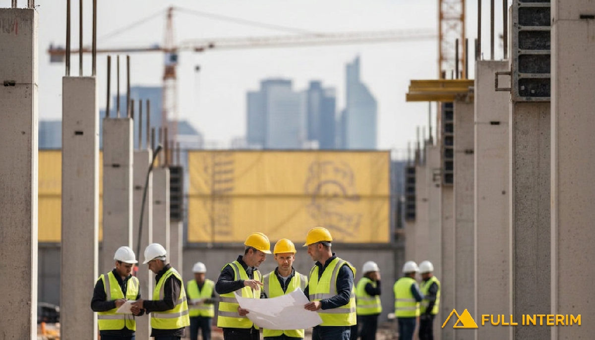 détachement personnel BTP 2026 France - Chantier moderne en France, ouvriers qualifiés sur structure en béton.