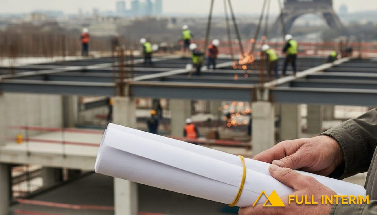 Plans de chantier manipulés par chef d'équipe, montage charpente métallique.