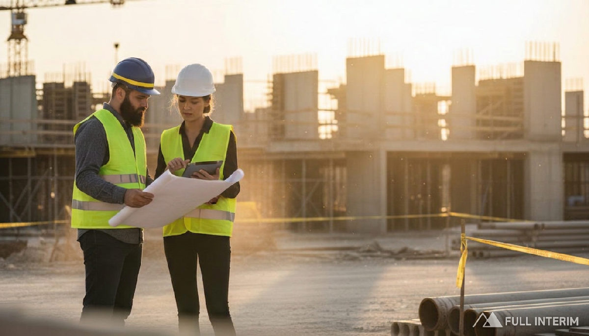 Ingénieurs français et roumain consultant des dossiers sur un chantier.