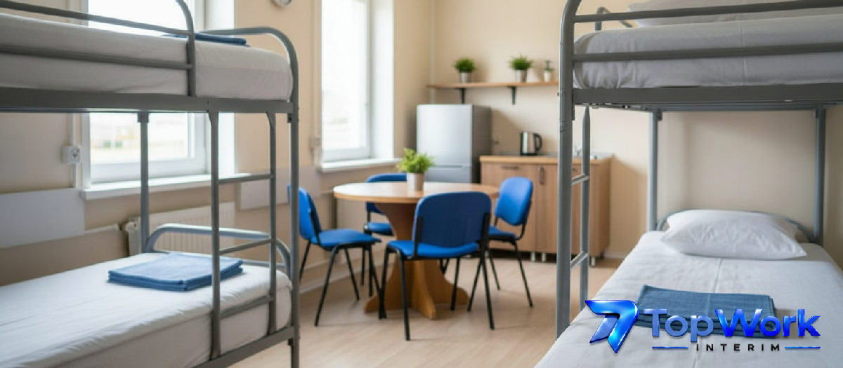 hébergement sûr pour intérimaires roumains BTP France - Intérieur de logement propre et fonctionnel pour travailleurs intérimaires.