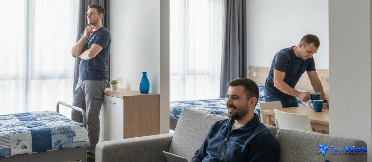 Des ouvriers du BTP se détendent après le travail dans leur logement.