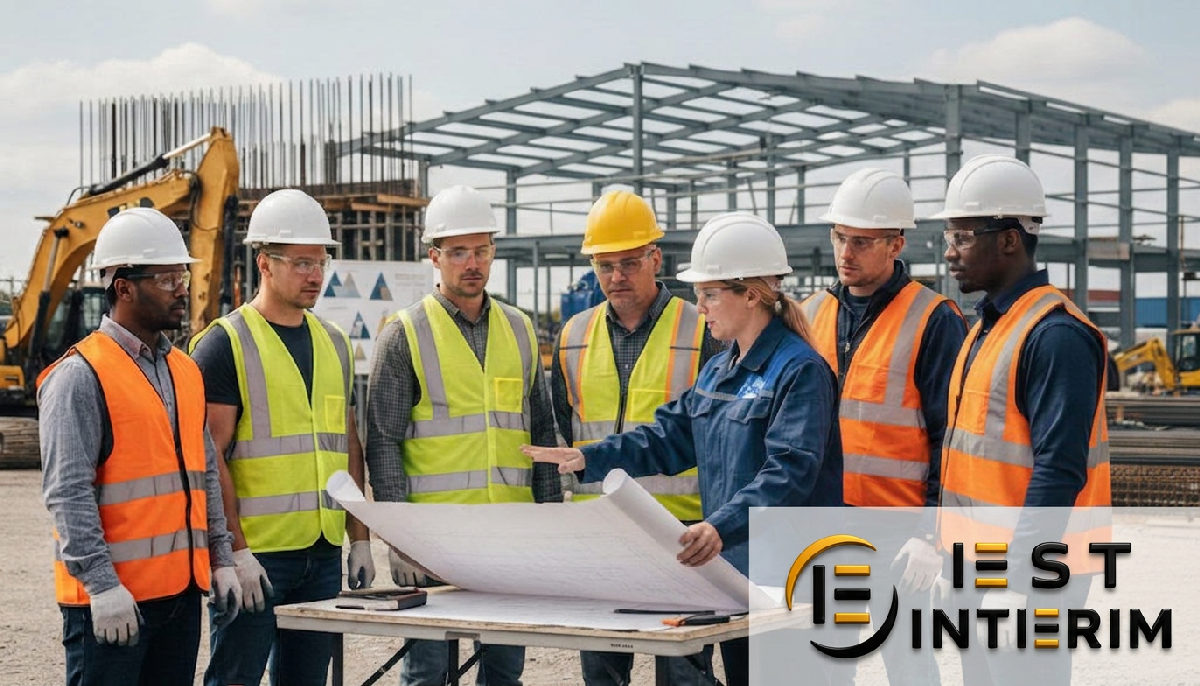 Superviseur de chantier expliquant la sécurité aux intérimaires.