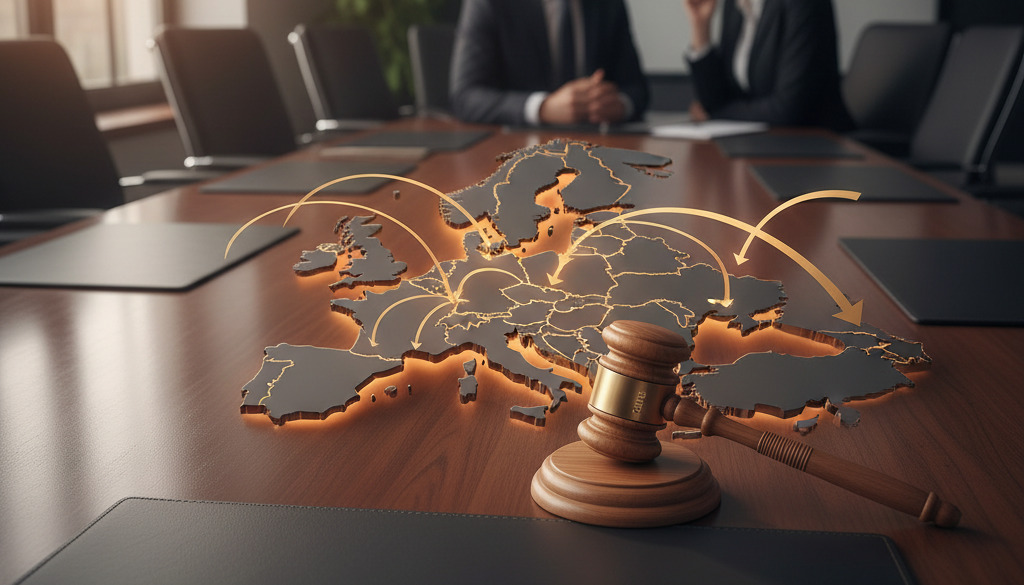 directive travailleurs détachés 2018 - Carte de l'Europe avec flèches et marteau, symbolisant la directive travailleurs détachés.