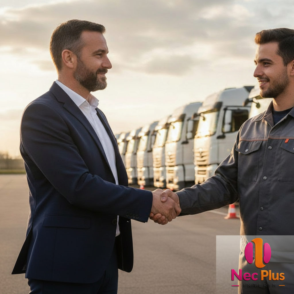 Poignée de main entre un gestionnaire et un chauffeur devant des camions.