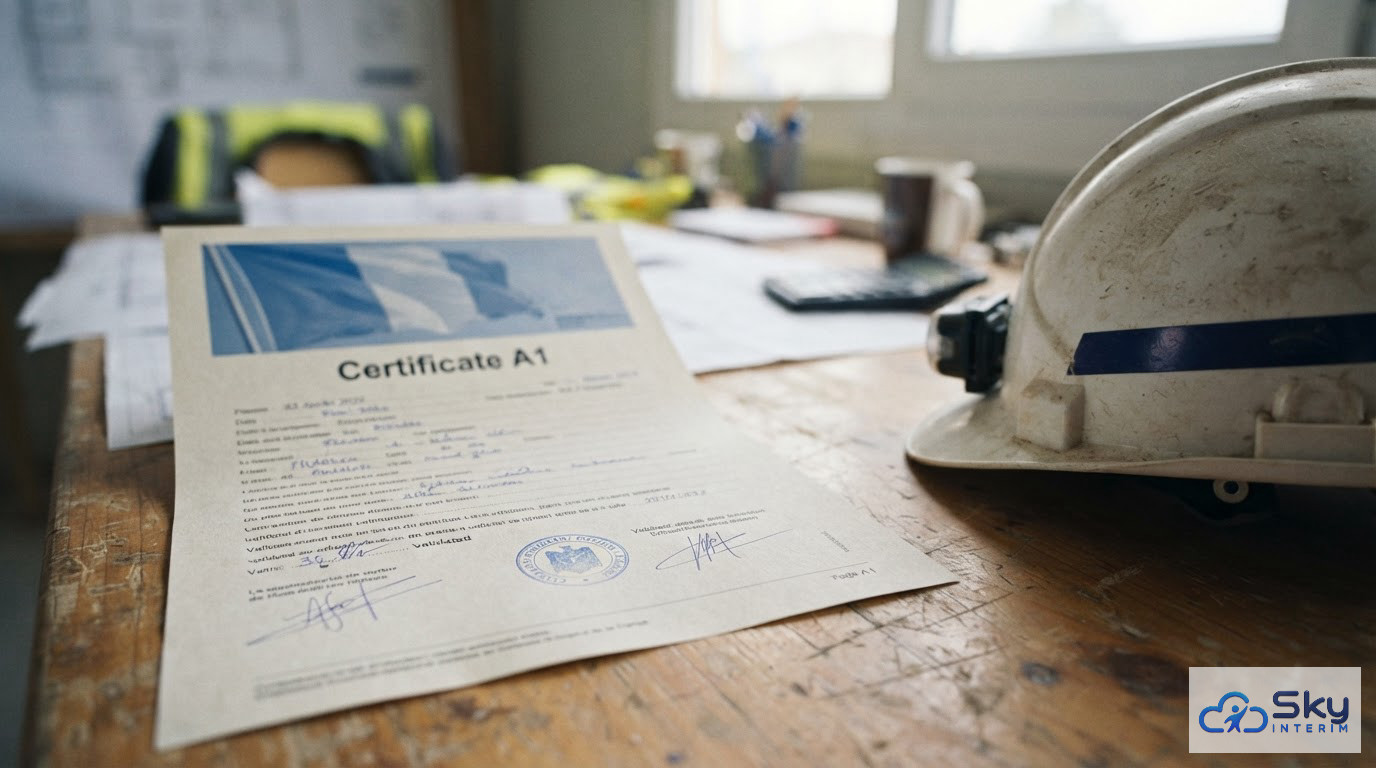 Un formulaire de certificat A1 posé sur un bureau près d'un casque.