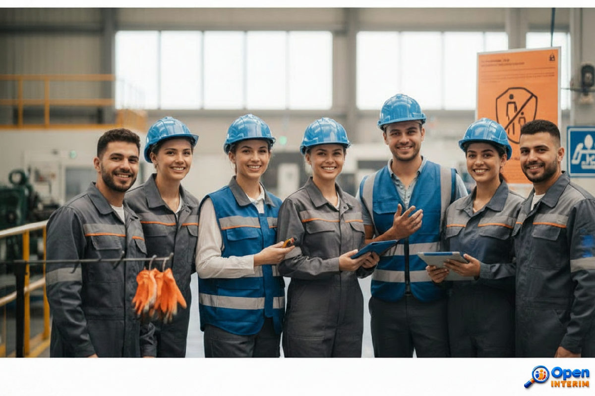 Travailleurs diversifiés, dont des Roumains, souriant dans un environnement sécurisé.