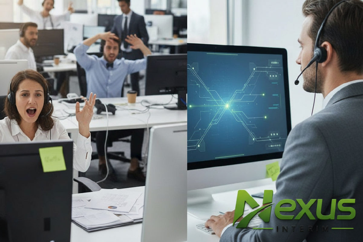 Bureau chaotique vs interface numérique Nexus Intérim pour réduire les coûts.