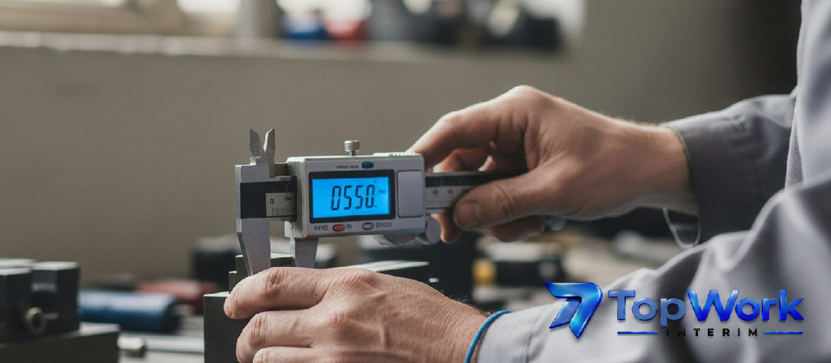 Mains d'un technicien utilisant un outil de mesure précis.