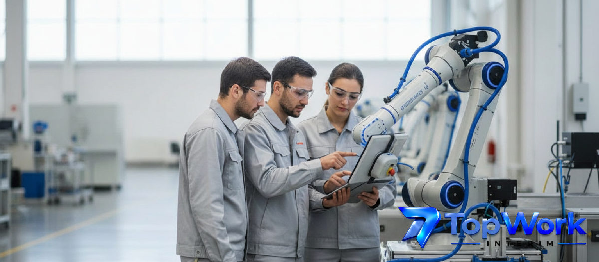 Équipe d'ouvriers collaborant dans une usine high-tech.