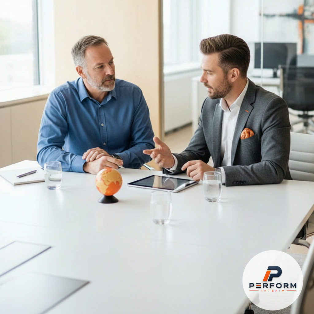 Consultant expliquant l'intérim à un chef d'entreprise.