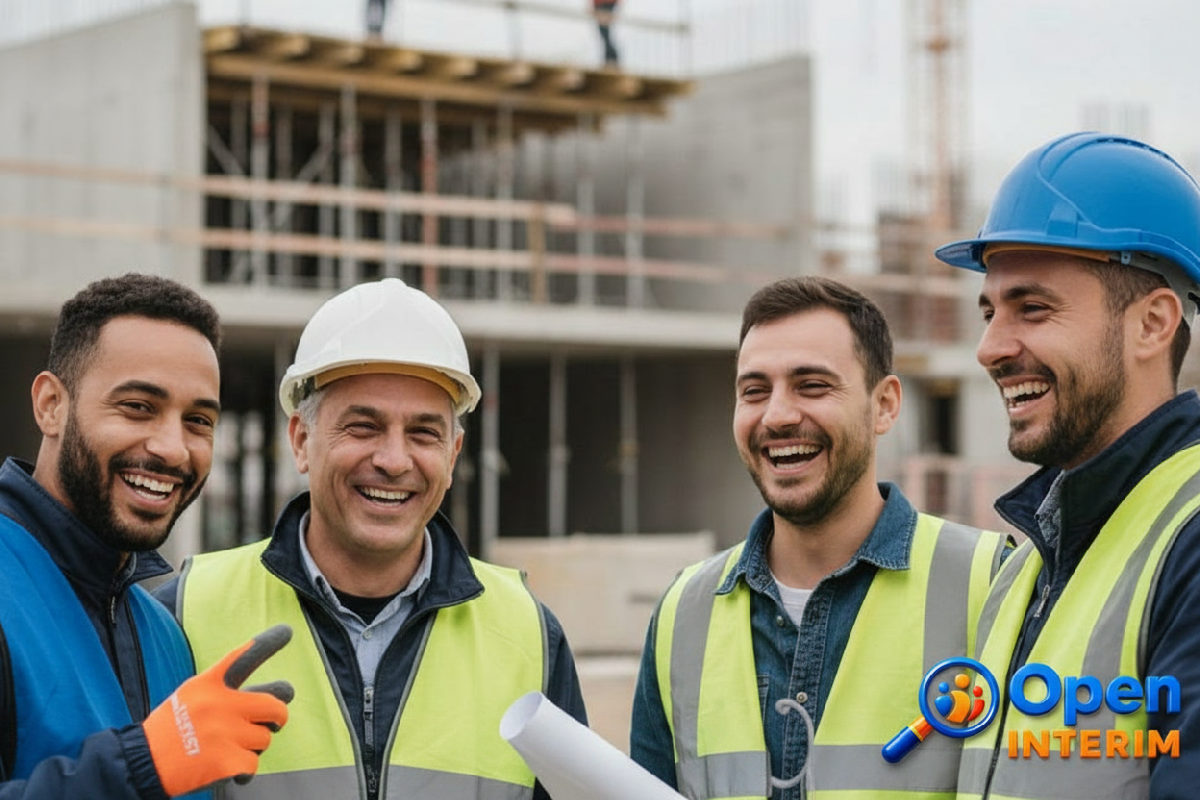 Travailleurs roumains souriants sur un chantier en France.